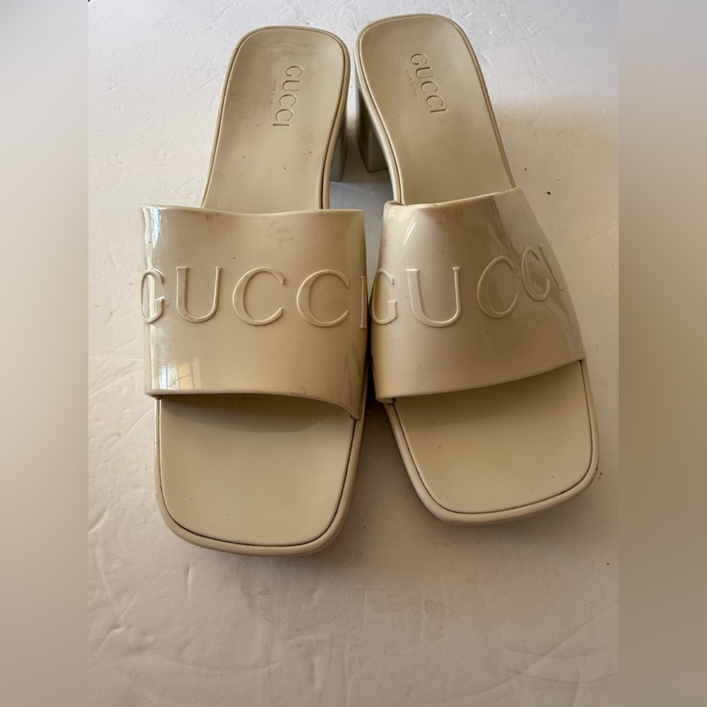Gucci Rubber Slides Block Heel Sandals Putty Color Size 39 (US 8.5)